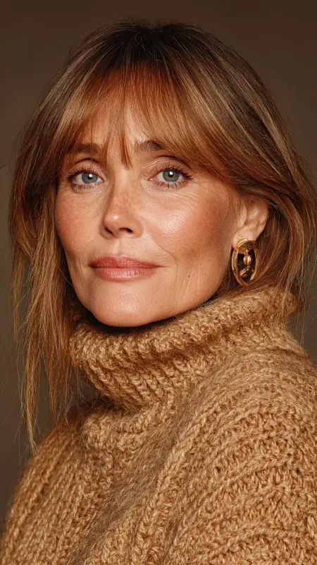 Warm Chestnut Mid-Length Cut with Curtain Bangs - hair color for older women over 50