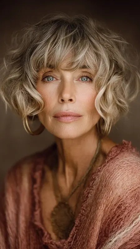 Wavy Bob with Curtain Bangs -  Short hairstyles for women over 60 with wavy hair 