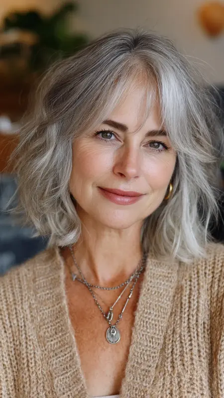 Wavy Bob with Feathered Bangs -  Haircuts for women over 50 with bangs 