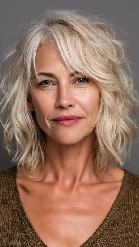 Wavy Lob with Side Swept Bangs - Hairstyles for women over 70 with fine hair